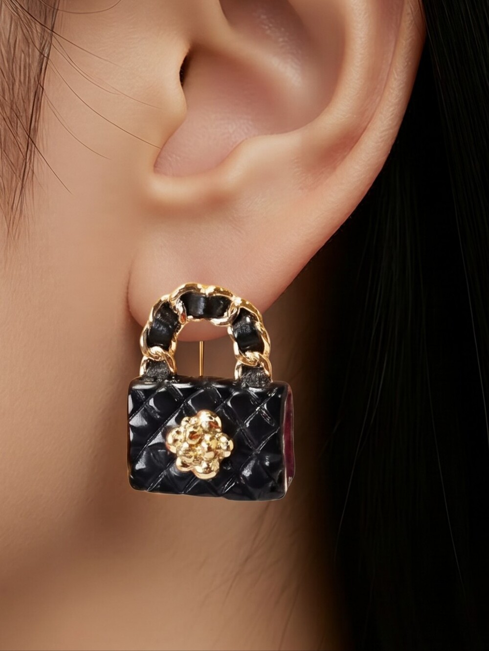 Black Quilted Handbag Stud Earrings Mini Purse Fashion Statement Studs Y2K Glam